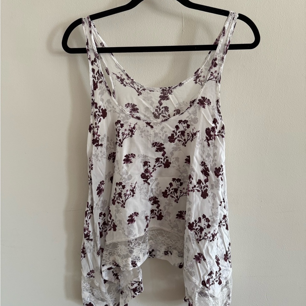 Free People Floral Lace Trim Tank Top - White and Purple